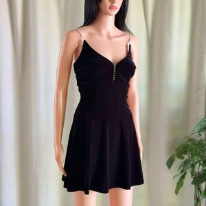 Vtg 90s Bari-Jay Black Velvet Rhinestone Strap Mini Dress 5/6 LBD Whimsygoth
